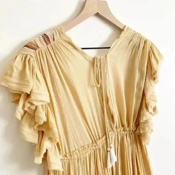 Free People Embroidered Tassel V-Neck Midi Dress Ruffle Sleeve Yellow Size S - Picture 8 of 10